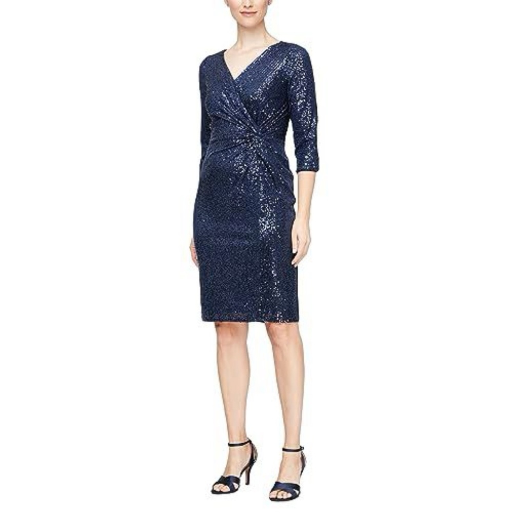 Alex Evenings 12 Navy Long Sleeve Sequin Dress